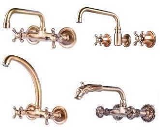 Art Deco styled wall mountable cold and water mixer faucets for farmhouse and rustic sinks and basins
